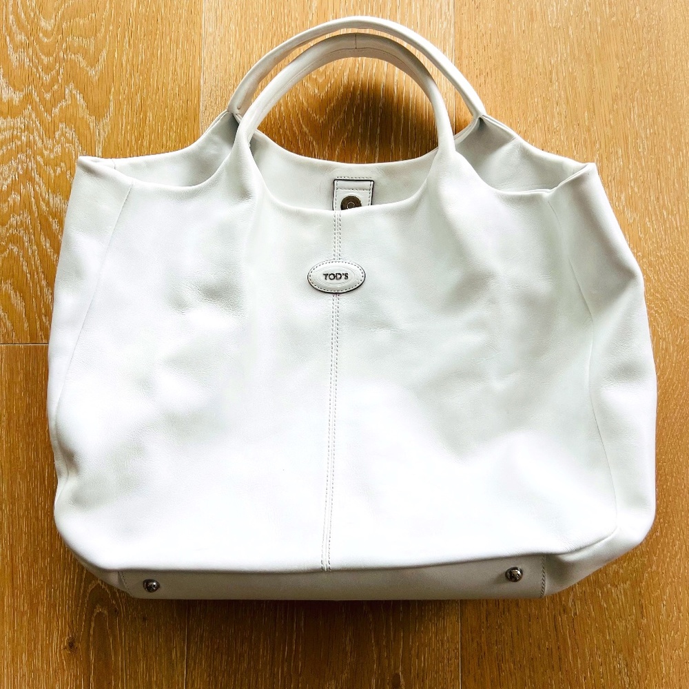 Tods Authentic White Smooth Leather Shopping Tote Satchel Handbag